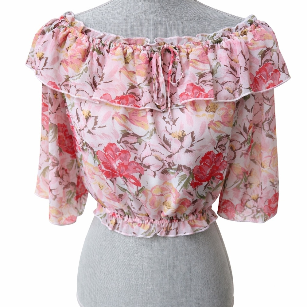 WAYF Pink Floral Off-Shoulder Crop Top Medium Romantic Blouse